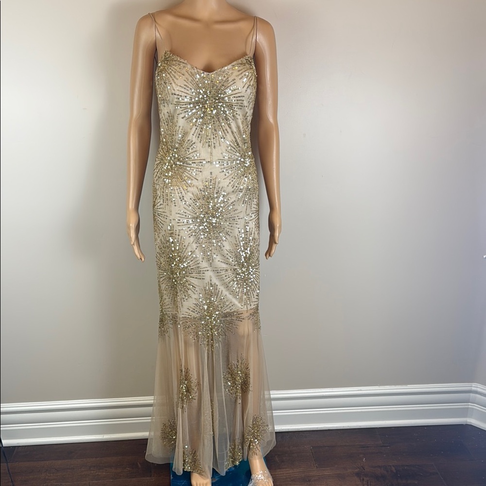 Aidan Mattox Sheer Fairycore Nude Gown with Gold Starburst